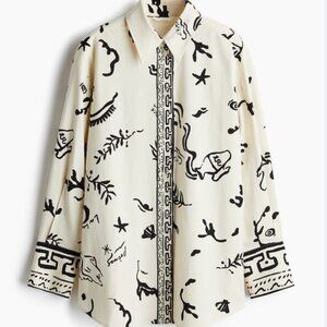 H&M Linen Blend Patterned Button Front Shirt Cream Black Loose Fit Size M NWT